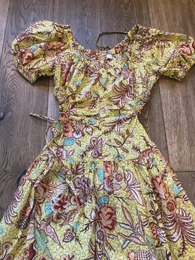 ULLA JOHNSON Floral Puff-Sleeve Midi Dress W/ Cut-Out Waist Design